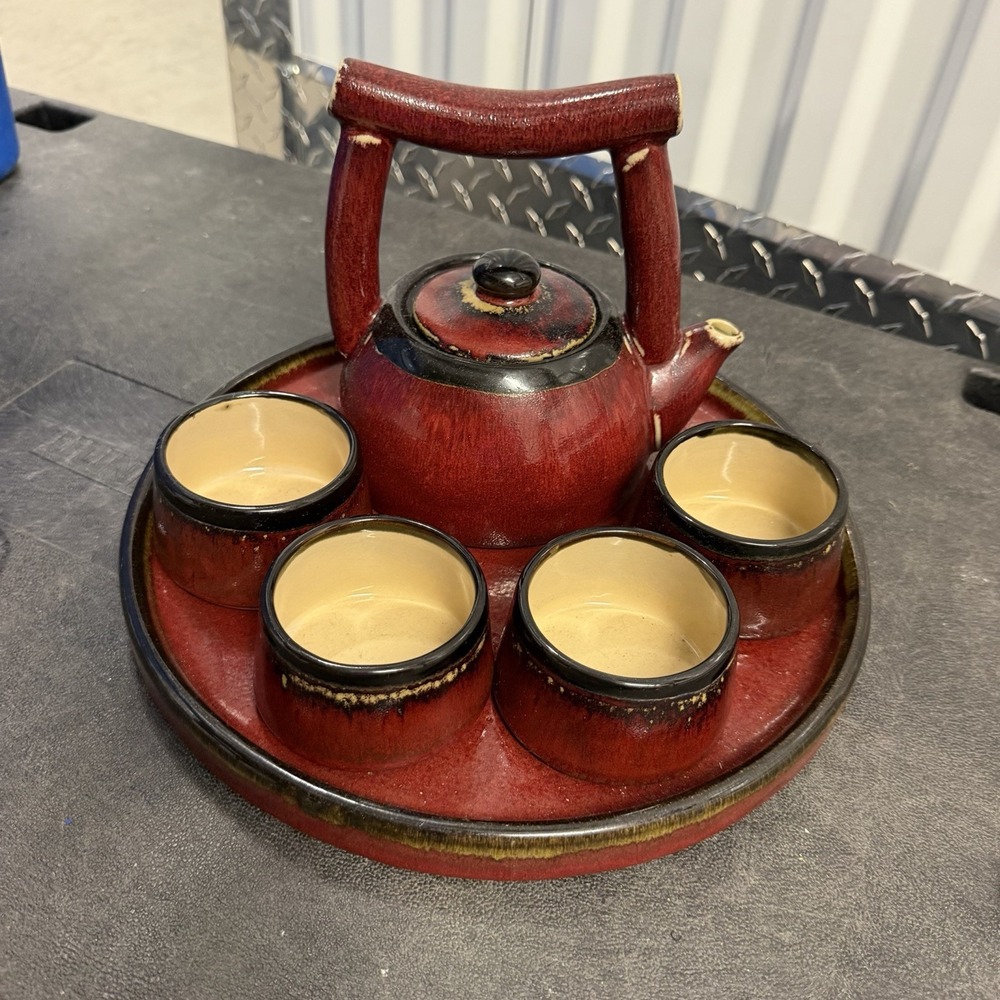 Pier 1 Imports Shanghai Teapot Serving Set w/Tray and 4 Cups Red Earthenware